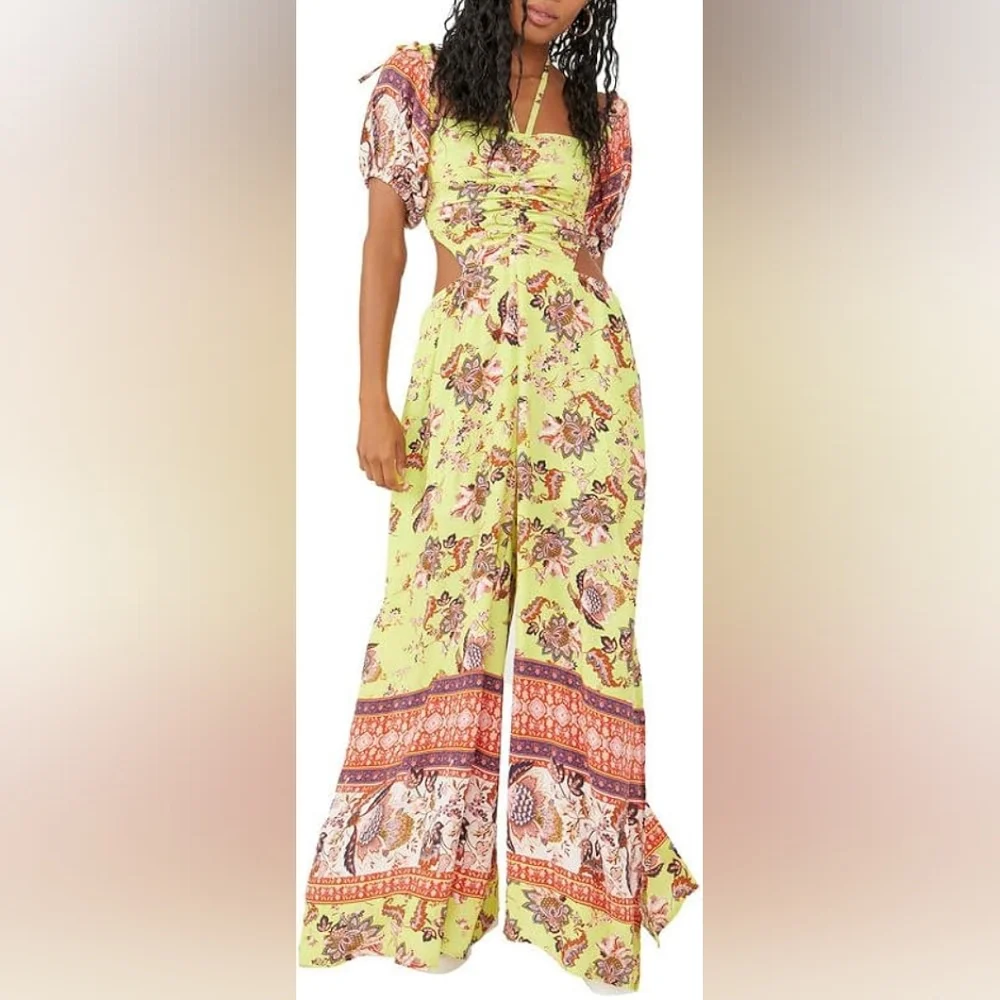 Free People  Bali Citrus Skies wide leg Open Top Jumpsuit
